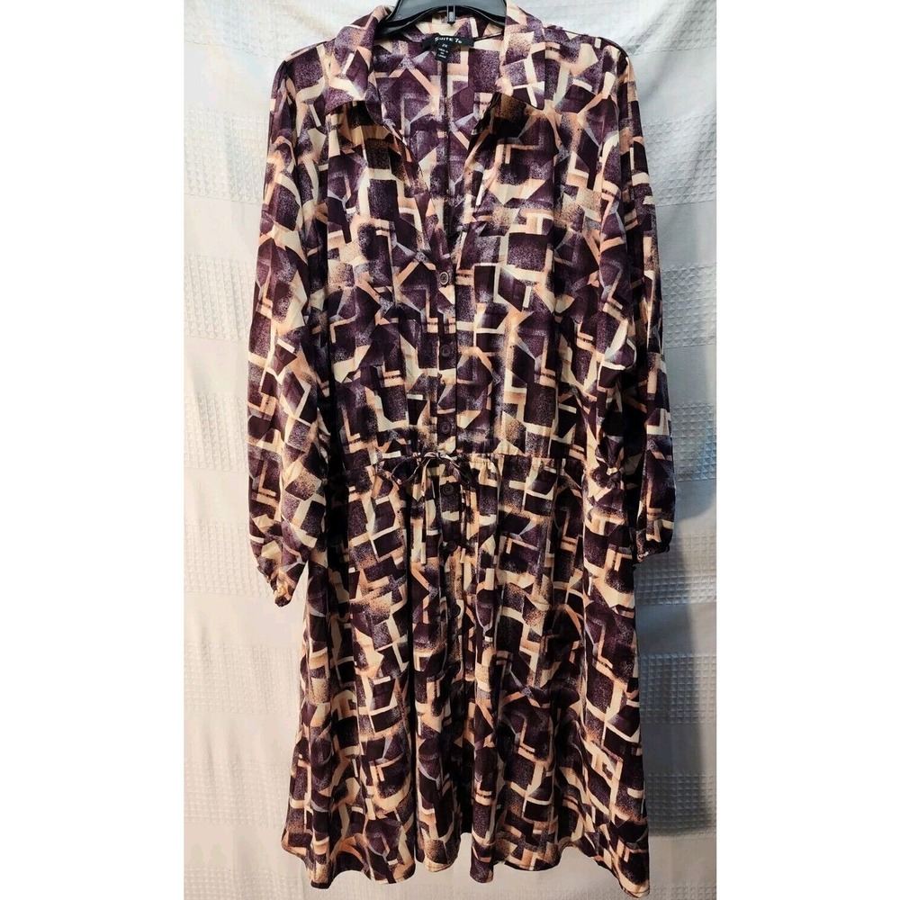Suite 7 Dress Womens Size 2xl Purple Geo Print Peplum Midi Chiffon Long Sleeve